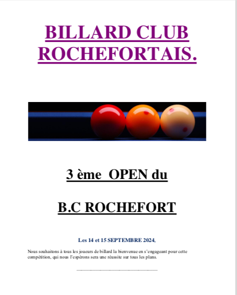 14 & 15 SEPTEMBRE 3 ème OPEN DU BILLARD CLUB ROCHEFORTAIS 17300 ROCHEFORT LIGUE NOUVELLE AQUITAINE